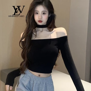 Hot Girl Một Vai Dây Cổ Xương Đòn Dài Tay Đáy Áo Thun Nữ Mặc Bên Trong Mùa Thu Gợi Cảm Slim @ -