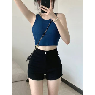 Quần short denim chữ A màu đen, quần ống rộng ống rộng co giãn mùa hè dành cho nữ