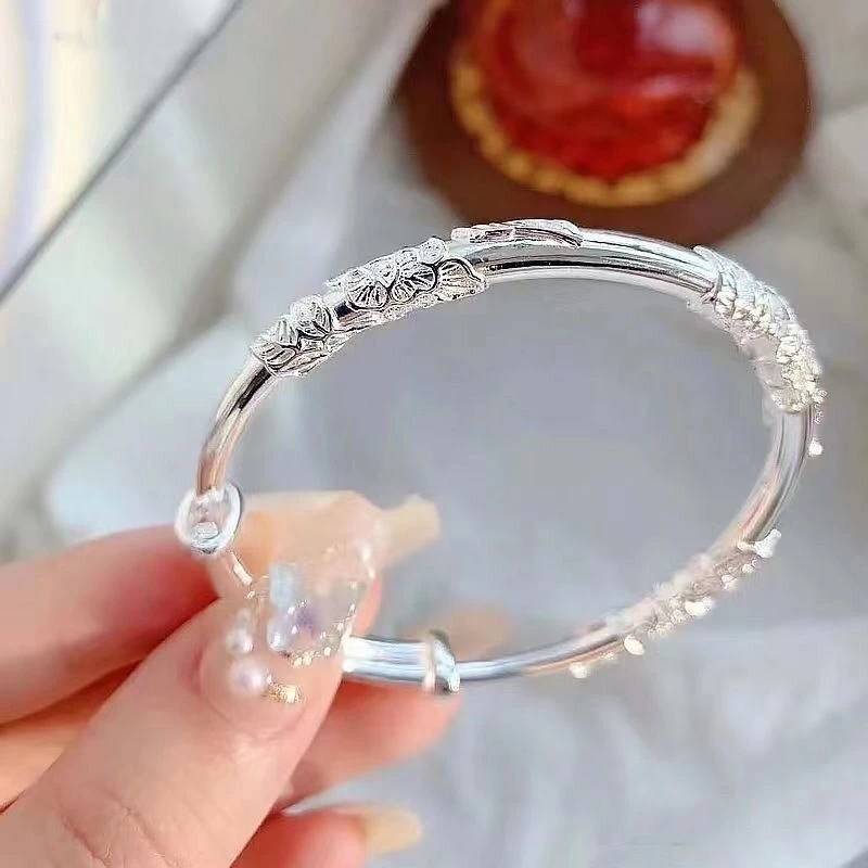 ⚡1 Vòng Đeo Tay Dạng Mở Bằng Bạc Họa Tiết Hoa Tinh Tế Thời Trang Cho Nữ HB