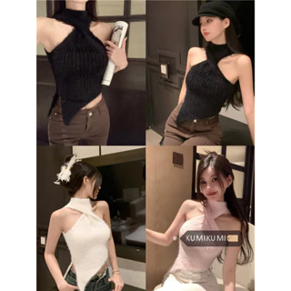 kumikumi Mới Hàn Quốc Nữ Nhiều Màu Dệt Kim Treo Cổ Mất Dây Đeo Vai Không Tay Tank Top