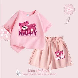 Áo Thun Bé Gái Hoa Bud Quần Phù Hợp Với In Hình Quần Short Tay Ngắn In Hình Gấu Hạnh Phúc Họa Tiết Cotton