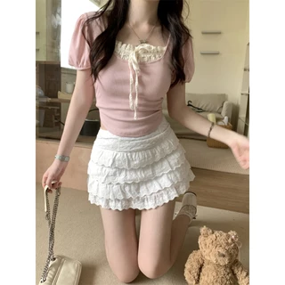 【BANKO】Áo thun nữ coquette dáng ngắn croptop phong cách cộc tay nơ chất tiểu thư hàn quốc