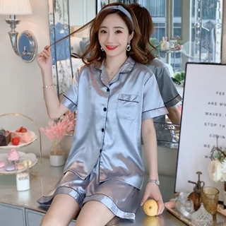 Bộ Đồ Ngủ Nữ Mùa Hè Băng Lụa Bộ Đồ Ngủ Phiên Bản Hàn Quốc Tay Ngắn Ve Áo Cardigan Màu Trơn Dễ Thương Ngọt Ngào【LittleStar6】