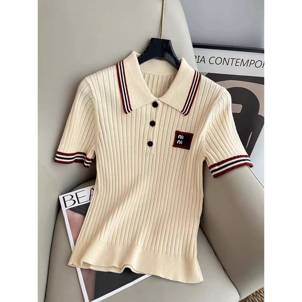 Retro Tương Phản Màu Khâu Cổ POLO Áo Thun Mùa Hè 2024 Phong Cách Mới Sang Trọng Tất Cả Trận Đấu Mỏng Hơn Nhìn Ngắn Tay