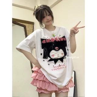 Ethelgirl 3 màu Quần áo nữ Hàn Quốc "Kuromi" thêu cổ tròn Unisex Áo thun ngắn tay giản dị Oversize hàng đầu