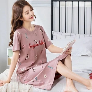 Váy Ngủ Nữ Cotton Mỏng Tay Ngắn Plus Béo Plus Kích Thước Bộ Đồ Ngủ Phụ Nữ Mang Thai Không Mặc Áo Ngực Đầm