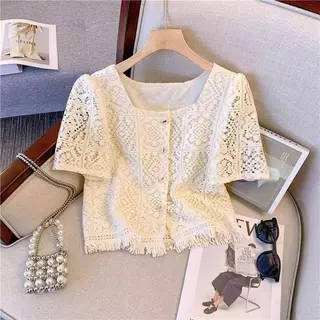 Móc Rỗng Cổ Vuông Áo Sơ Mi Nữ Mùa Hè Mỏng Nóng Phong Cách Cô Gái Ngắn Tay Cardigan Top