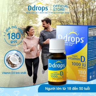 Ddrops 180 giọt 1000 IU dành cho người lớn. Vitamin D3 dạng lỏng dành cho bà mẹ, hỗ trợ xương chắc khỏe & hệ miễn dịch, cải thiện tình trạng rụng tóc, không gây dị ứng (5ML)