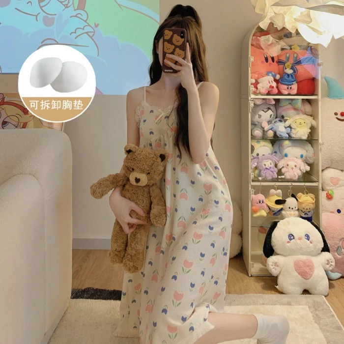 Váy Ngủ Nữ Mùa Hè Gợi Cảm Bộ Đồ Ngủ Có Miếng Lót Ngực Mùa Hè Mỏng Công Chúa Phong Cách Tua Rua Anh Đào Sling Rời Homewear