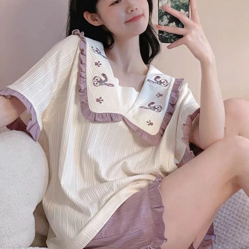 Bộ đồ ngủ mới dành cho nữ mùa hè tay ngắn dáng rộng phong cách công chúa quần áo mặc ở nhà ngọt ngào và dễ thương phong cách Hàn Quốc