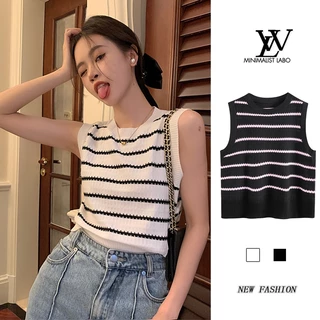 Minimalist Labo  Áo Sweater Không Tay Eo Cao Ôm Dáng Họa Tiết Kẻ Sọc Hot Girl