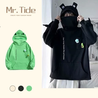 Áo hoodie ếch khóa kéo có túi dáng rộng phong cách Nhật Bản ba màu tự chọn