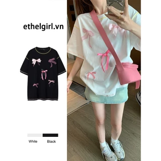 Ethelgirl Thời Trang Hàn Quốc Cổ Tròn "Nơ" In Rời Phù Hợp Với Áo Thun Nữ Tay Ngắn Quần Áo Thường Ngày Hàng Đầu