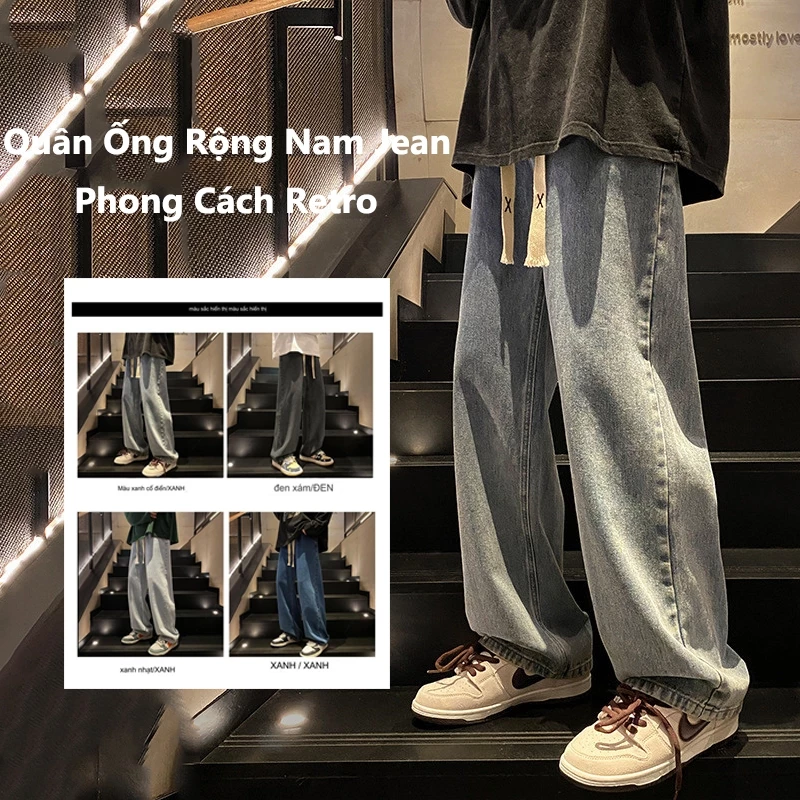 Quần Ống Rộng Nam Jean Phong Cách Retro Thẳng Rộng Phong Cách Đường Phố Cao Cấp Đa Năng