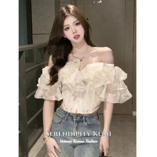 Mùa Hè Nữ Người Nổi Tiếng Phong Cách Cung Điện Xếp Ly Xù Cá Áo Sơ Mi Móc Eo Crop Top Ngọt ngào và thanh lịch