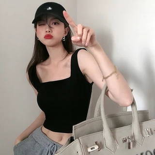 Xe Tăng Nữ Cổ Vuông Đệm Ngực Không Tay Màu Trơn Mùa Hè Phiên Bản Hàn Quốc Crop Top