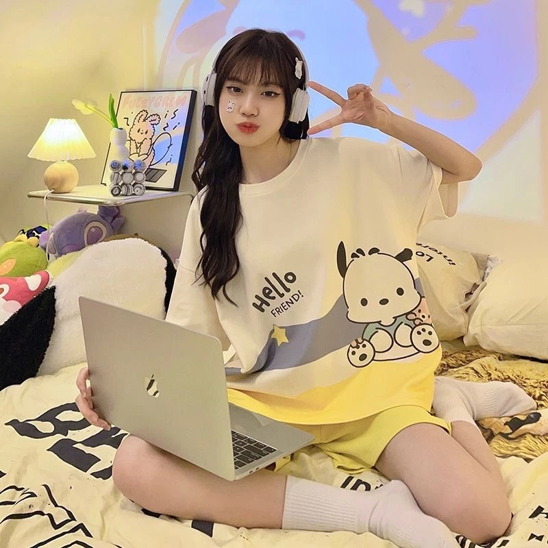 Bộ ngủ bigsize nữ mặc nhà quần đùi vải thun mùa hè cute dễ thương，Bộ đồ ngủ họa tiết hoạt hình thời trang dành cho nữ