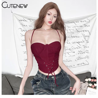 Cutenew Gợi Cảm Dây Cổ Chữ V Dây Camisole Cho Nữ Mùa Hè 2024 Lưng Retro Slim Fit Tank Top