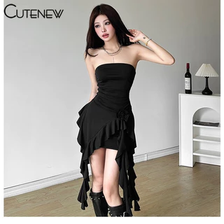 Cutenew Thanh Lịch Ruffle Edge Spliced Không Đều Tank Top Nữ Mùa Hè Tắt Vai Đảng Tối Bodycon Ống Top