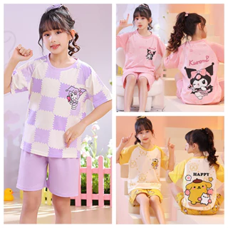 Bộ Đồ Ngủ Cotton Tay Ngắn Cổ Tròn In Hình Sanrio Kuromi Melody Cinnamoroll Dễ Thương Phong Cách Hàn Quốc Cho Bé Gái