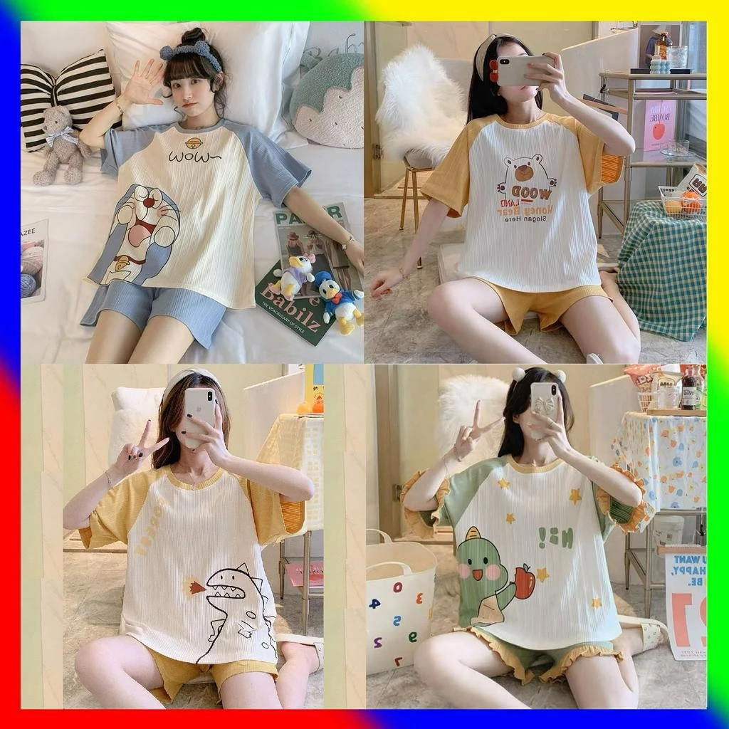 Bộ ngủ bigsize nữ mặc nhà quần đùi vải thun mùa hè cute dễ thương，Bộ đồ ngủ họa tiết hoạt hình thời trang dành cho nữ- Chất liệu Cotton cao cấp