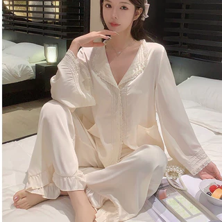 ✨Vận chuyển 24 giờ✨Niche Pháp Cao Cấp Phong Cách Trung Hoa Ice Silk Bộ Đồ Ngủ Xuân Thu Nữ Ngọt Ngào Dài Tay Quần Mới Bộ Đồ Trung Quốc bộ đồ ngủ nữ ，đồ bộ ，trung hoa，set đồ ngủ nữ ，