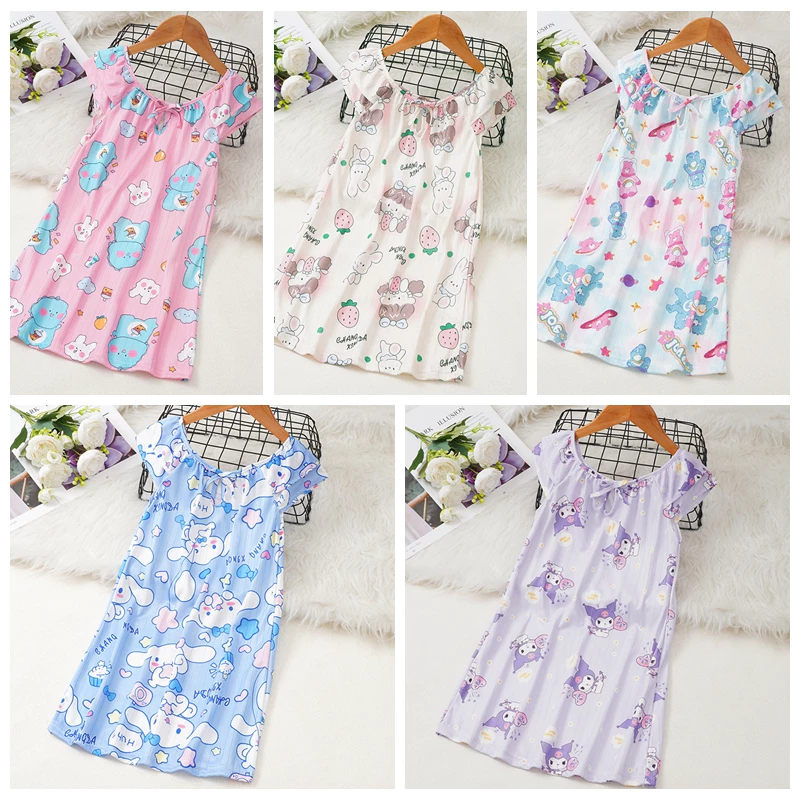 Váy Ngủ Quần Áo Cho Bé Gái 11 Tuổi Phong Cách Hàn Quốc Tay Ngắn Nightie Hoạt Hình In Váy Ngủ