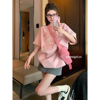 Ethelgirl Thời Trang Hàn Quốc "Rồng" Thêu Cổ Tròn Phù Hợp Với Áo Thun Nữ Quần Áo Oversize Top