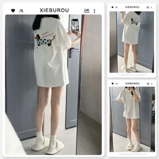 XIEBUROU 100% cotton Ulzzang Dễ Thương Dachshund In oversize Áo thun Cổ Tròn retro Tay Ngắn