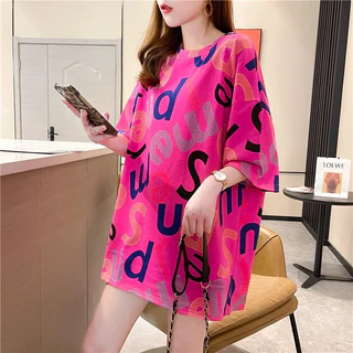 Áo thun dài dáng rộng thông thường dành cho nữ Áo thun cổ chữ O Áo thun nữ thời trang ngắn tay mùa hè Plus Size Oversize Áo quần áo #824