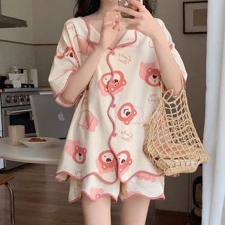 Ready stock baju tidur perempuan viralcotton Pajamas Women's Summer sleepwear Sweet Cute Cardigan Loose and comfortable Homewear 2024 New sleepwear woman plus size M-2XL Lapel short sleeve + high waist shorts Two piece set cute pajamas home clothes s