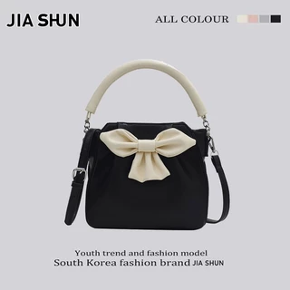 JIA SHUN Túi xách xếp ly cao cấp thiết kế nơ thời trang, túi đeo chéo vai đa năng niche kiểu Pháp màu đen