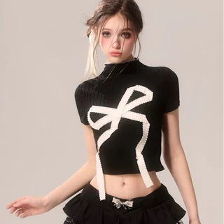 Áo ThunNữ Tay Ngắn Hàng Đầu Dệt Kim Nơ Đẹp Cổ Cao Ngắn Tay Áo Thun Gợi Cảm Slim áo croptop nữ kiểu