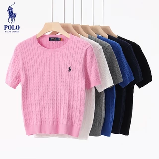 Rl Nữ Áo Len Tay Ngắn Paul Tay Ngắn Polo Retro Áo Len Ngắn Tay Xoắn Cotton Nguyên Chất