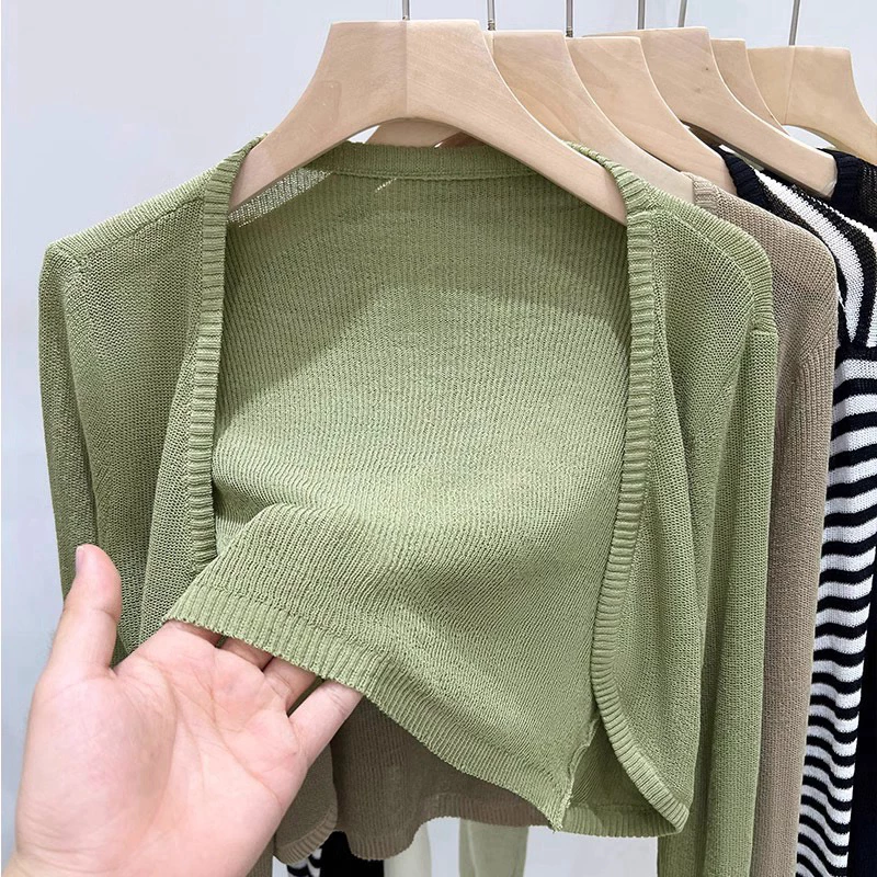 YAYUAN Ngắn đan cardigan nữ màu xanh lá cây