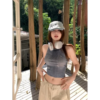 Peaches Hot Girl Phong Cách Rách Không Tay Áo Vest Nhỏ Nữ Thiết Kế Mùa Hè Niche Slim fit Ngắn Rốn Top Retro Hình Chữ I Áo Vest Mặc Bên Trong Mặc Bên Ngoài Đẹp Top