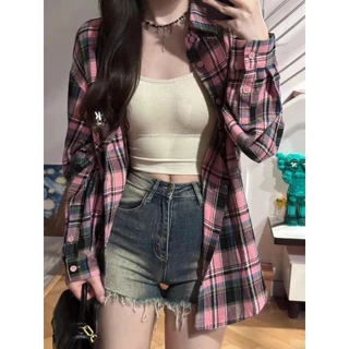 Phong Cách Hàn Quốc Nữ Nữ Rời Vintage Kẻ Sọc Áo Sơ Mi Tay Dài Áo Baju Baju Wanita Lengan Panjang