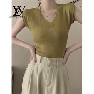 Minimalist Labo Áo Len Không Tay Cổ Chữ v Màu Trơn 2024 Phong Cách Mới Mùa Hè Đáy Áo Sơ Mi Bên Trong Cao Cấp Slim-fit Top Quần Áo Nữ