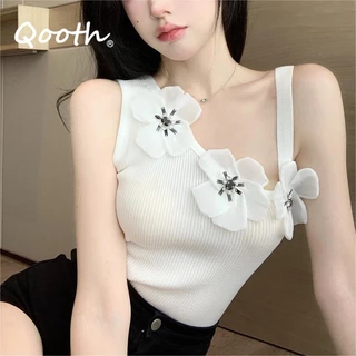 Qooth Nữ Hoa Lớn Bất Đối Xứng Không Tay Camisole Ngọt Ngào Gợi Cảm Đan Áo Cho Mùa Xuân Mùa Hè QT2337