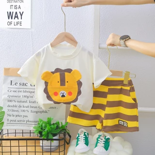 [Size 80-130cm] Trẻ em mùa hè cổ tròn hoạt hình ba chiều in hình sư tử ngắn tay + quần Short sọc Cotton Bộ đồ trẻ em mặc thường ngày