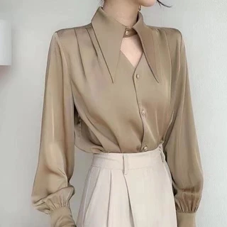 Phong Cách Hàn Quốc Nữ Nữ Rời Satin Áo Sơ Mi Dài Tay Baju Baju Wanita Lengan Panjang Hàng Mới Sẵn Có