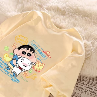 Phim hoạt hình anime Crayon Shin-chan họa tiết mơ Áo thun nữ cổ tròn Áo thun đa năng mới 100% cotton