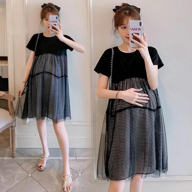 Mom&Kids Ready Stock Đầm Bầu baju Tay Ngắn Phối Lưới Họa Tiết Caro Phong Cách Phương Tây Thời Trang