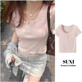 Suxi Phong Cách Hàn Quốc Tối Giản Slim Fit Crop Top Màu Trơn Cổ Tròn Tay Ngắn 240301