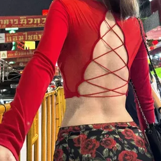 Áo kiểu croptop nữ tay dài cổ tròn hở lưng siêu gợi cảm sexy