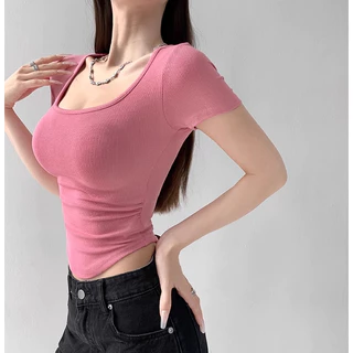 Phiên Bản Tuyệt Vời Như Châu Âu Mỹ Slim-fit Cắt Thấp Ngực khoe Cổ Vuông Nửa Tay Top Đáy Áo Sơ Mi Mùa Hè Xếp Ly Cao Cấp Nơ Nơ Nơ Quần Short Top Bé Gái Nửa Tay T @ -