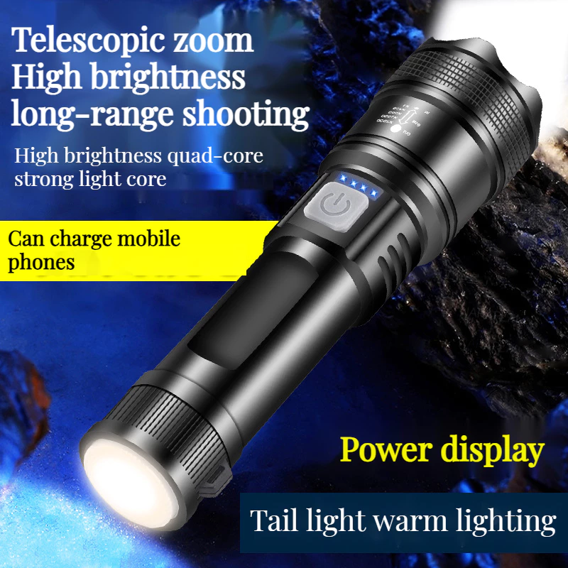 Nâng cấp Đa chức năng ABS Đèn pin mạnh Type-C Sạc ngoài trời Zoom Power Display Tích hợp đèn pin LED Đèn pin di động khẩn cấp
