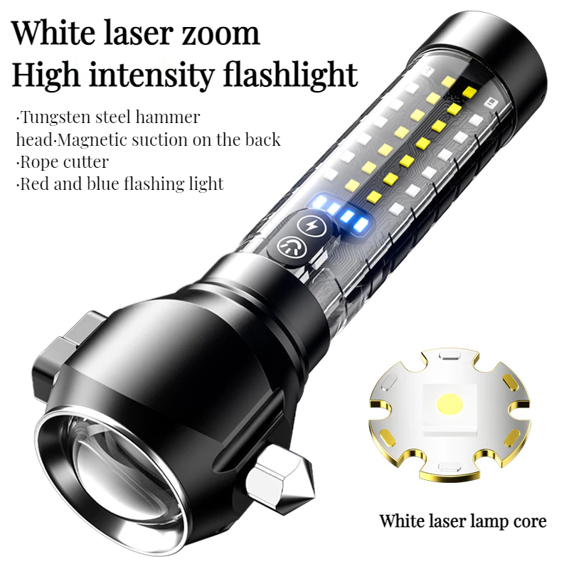 Đèn pin hợp kim nhôm huỳnh quang đa chức năng TYPE-C Sạc kính thiên văn Zoom Ánh sáng mạnh Flash Blast Red Blue Mang theo Đèn pin khẩn cấp