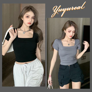 Yuyureal Mùa hè Phong Cách Mới Slim-fit Bên Trong Cổ Vuông Áo Thun Ngắn Tay Nữ Cao Cấp Ngắn Crop Bott