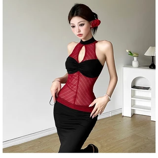 Klalien Mùa Hè 2024 Mới Nữ Lưới Cổ Điển Phối Quan Điểm Không Tay Tank Top Với Thiết Kế Rỗng Ra Cho Bé Gái Mỏng Và Cay